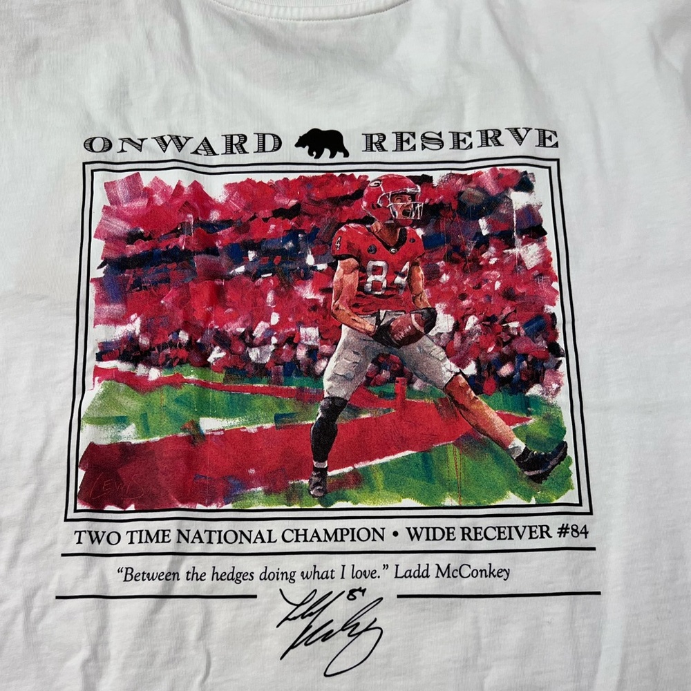 Limited edition. UGA football player Ladd McConkey Onward Reserve white t-shirt.
